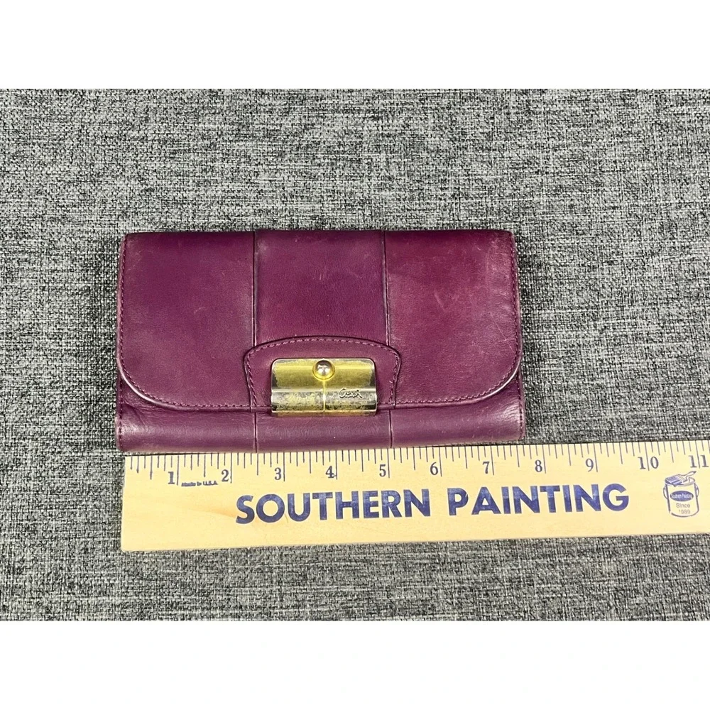 Coach Purple Leather Trifold Wallet Gold Push Lock Flap Long Organizer Wallet